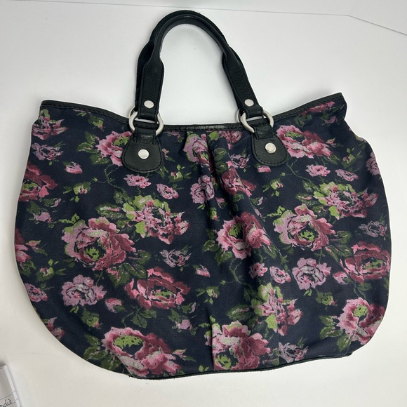 Lucky Brand Handbags - Vintage LUCKY Hobo Floral Cotton Black Tote Bag Leather Trim and Straps